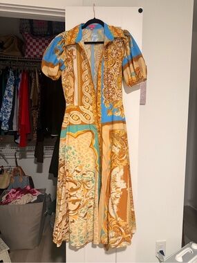 Flying Tomato Blue and Gold Patterned Maxi Dress